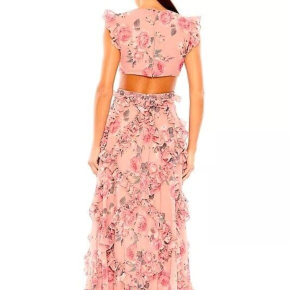 Mac Duggal Rose Pink Floral Ruffle Chiffon Cut-Out Beaded Waist Gown - Picture 3 of 5